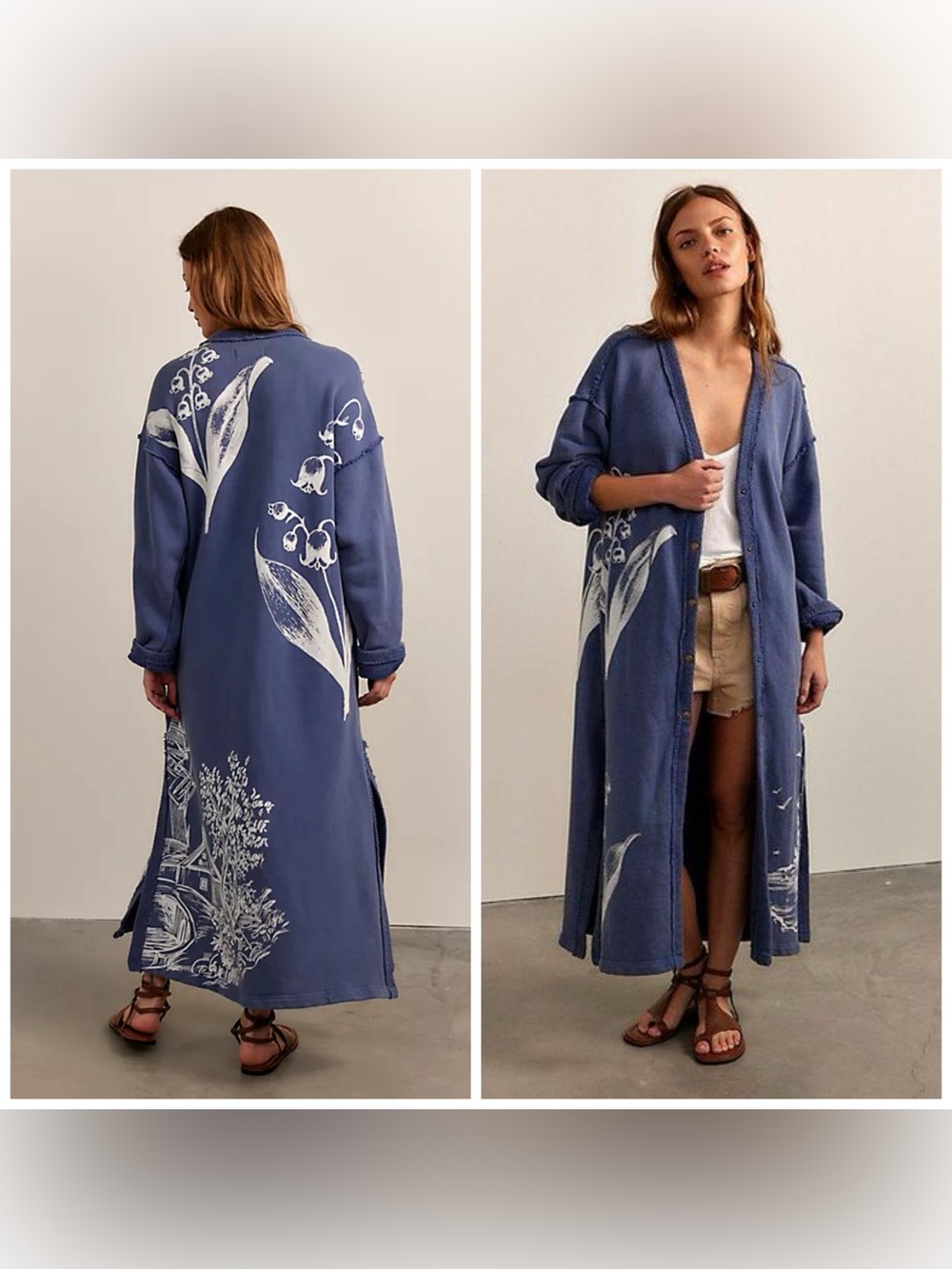 Free People Dutch Maxi Cardi Artsy Floral Boho‎ Blue Large